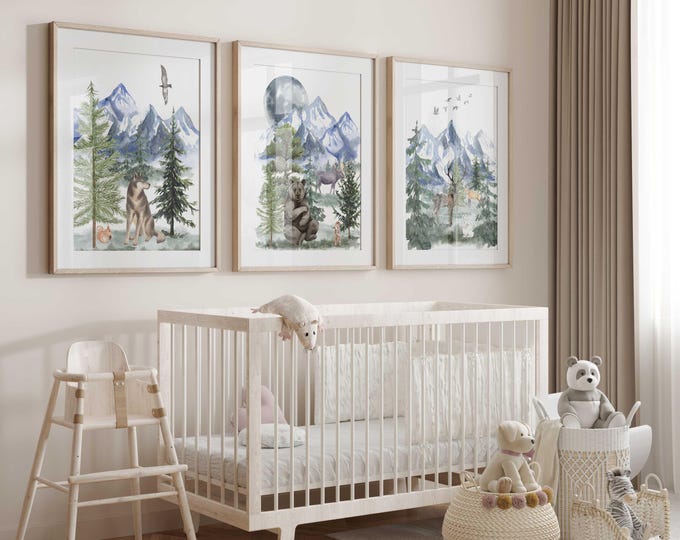 Mountain Animals Nursery Prints: Woodland Decor Set of 3