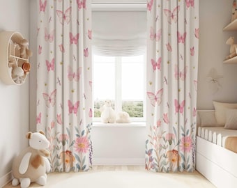 Pink Floral Butterfly Nursery Curtains: Wildflower Kids Room, Room Darkening