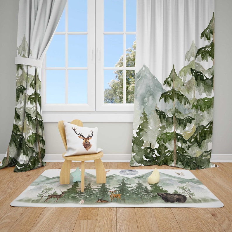 Mountain Nursery Curtains | Mountains and Pine Trees Nursery Decor | Kids Bedroom Curtains | Mountain Window Drapes | Black Out Curtains