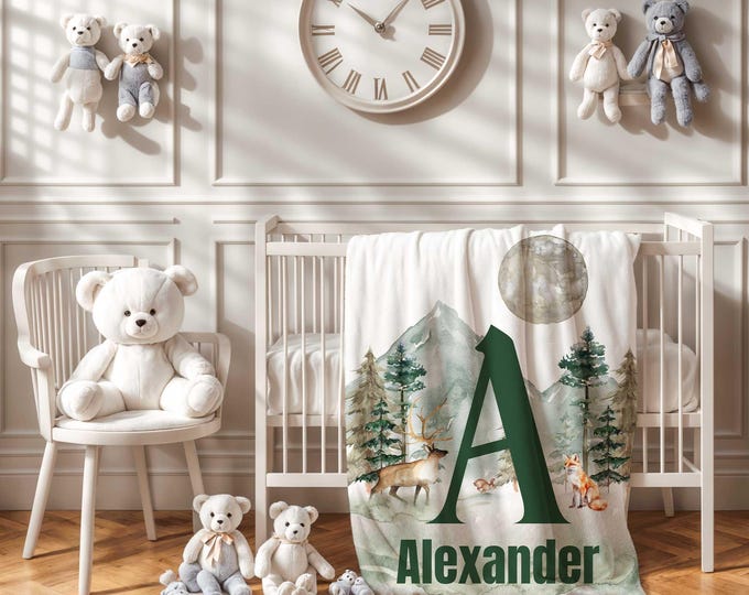 Personalized Woodland Baby Blanket, Mountain Nursery Theme, forest animals Baby Blanket, Baby Boy Crib Blanket, Custom Baby Shower Gift