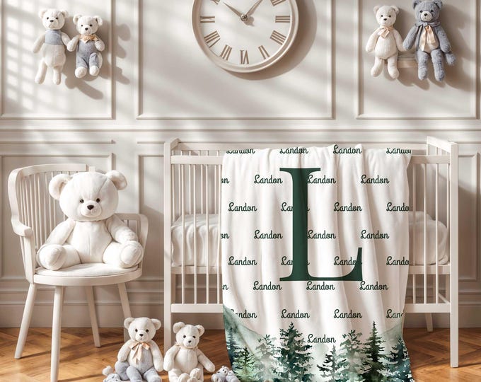 Personalized Forest Baby Blanket, Forest Nursery Theme, Woodland Baby Blanket, Green Baby Boy Crib Blanket, Custom Baby Shower Gift