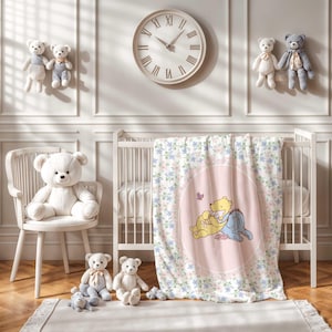 Winnie the Pooh, eeyore and Piglet Baby Blanket, Winnie the Pooh Bear Nursery Theme, Baby Girl Blanket, Pink floral nursery blanket, Gift
