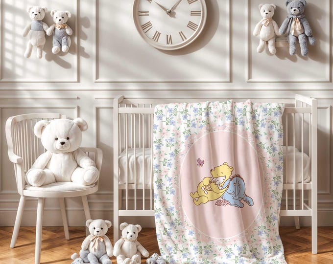 Winnie the Pooh, eeyore and Piglet Baby Blanket, Winnie the Pooh Bear Nursery Theme, Baby Girl Blanket, Pink floral nursery blanket, Gift