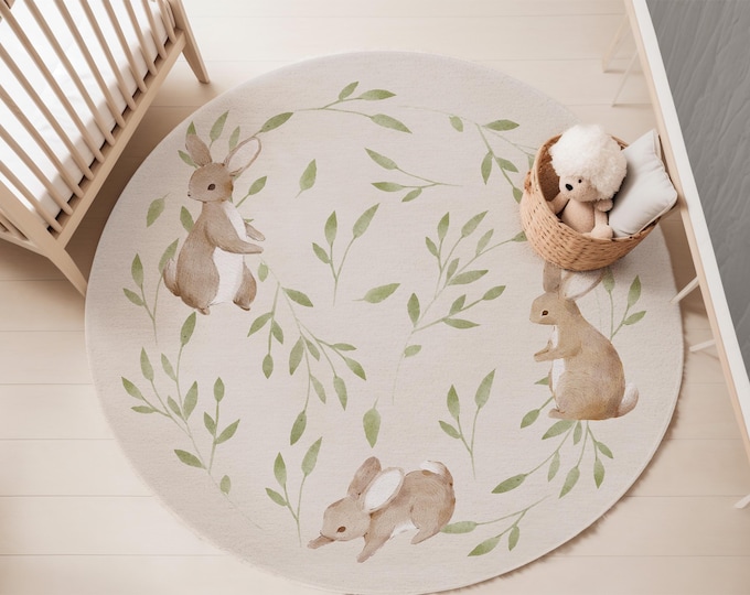 Bunny Rabbit nursery area rug | 5-foot Round Area rug | Forest nursery rug | Carpet for kids' bedroom | Bunny nursery rug | Round kids rug
