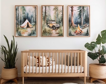Watercolor camping nursery prints | Camping nursery decor | Forest nursery Prints | Set of 3 nursery prints | Boy Nursery Decor