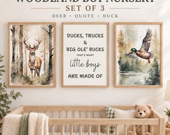 Woodland Boy Nursery Wall Art Set of 3, Deer Duck Nursery Decor, Hunting Nursery Prints, Outdoors Baby Boy Room Decor