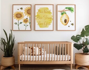 Hummel-Kinderzimmer-Wand-Dekor | Sonnenblumen-Kinderzimmer-Dekor | Bienen-Kinderzimmerdrucke | Set mit 3 Kinderzimmer-Drucken | Florale Kinderzimmerdrucke | gelb