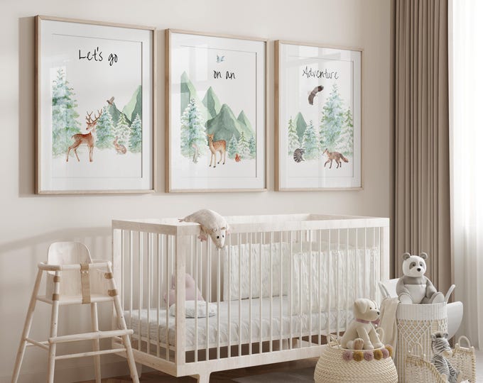 Let's go on an adventure nursery wall art print, Mountain nursery decor, Forest Animal nursery prints, Set of 3 prints, Gender neutral Art