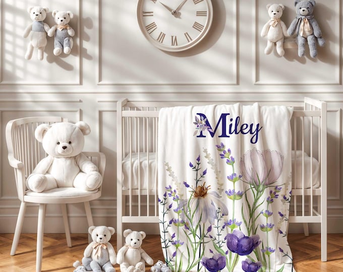 Personalized Purple Floral Baby Blanket: Soft Plush Nursery Decor
