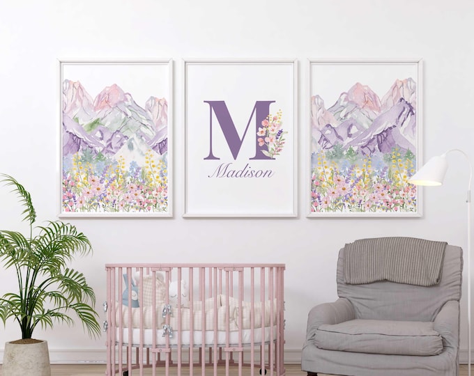 Wildflowers & Mountains nursery wall decor, Personalized Mountain nursery prints, Mountain Nursery Decor, Set of 3 prints, Baby Girl Nursery