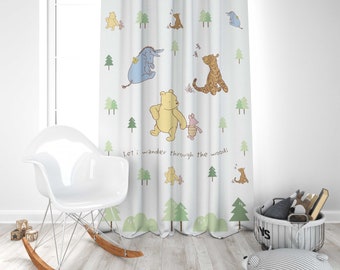 May include: A white curtain featuring a repeating pattern of Winnie the Pooh characters including Pooh, Piglet, Tigger, and Eeyore among green trees and bushes. The text Let's wander through the woods is printed in the center of the fabric.