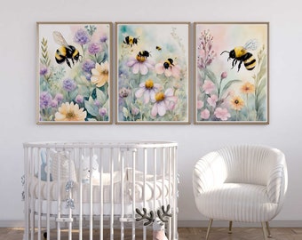 Bumble Bee Nursery Wall Art Prints - Bumble Bee Garden Nursery Decor - Garden Nursery Prints - Set of 3 Prints - Baby Shower Gift