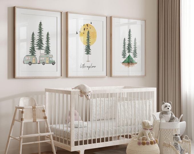 Little Explorer Nursery Wall Art Prints, Camping Nursery Decor, Set of 3 nursery prints, Adventure Kids room Decor, Forest Nursery Print