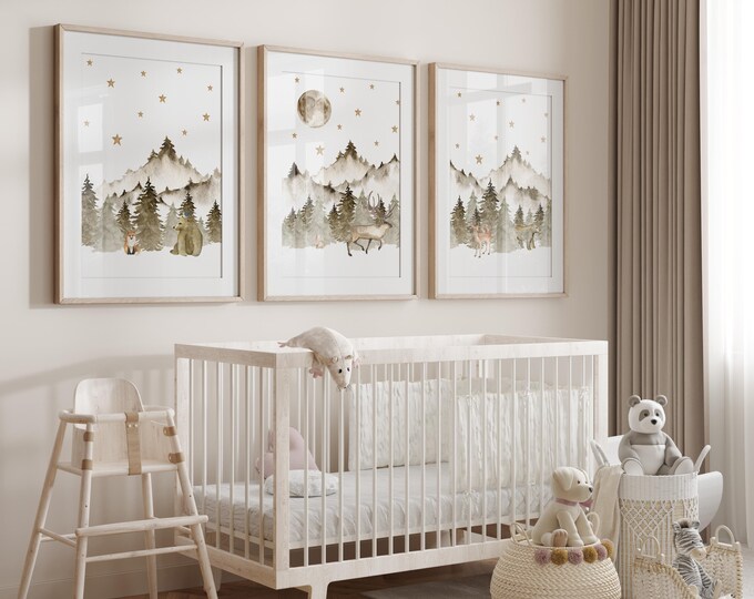 Mountain Nursery Wall Art Prints, Mountain Nursery Decor, Baby boy nursery prints, Night sky nursery prints, brown mountain print set of 3