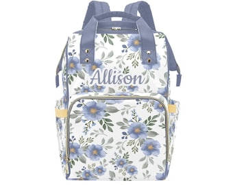 Blue floral Backpack Diaper Bag, Floral Diaper Bag, Personalized Girl Diaper Bag, Baby Shower Gift, Floral Nappy Bag, Girl Diaper Backpack
