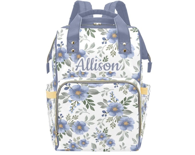 Blue floral Backpack Diaper Bag, Floral Diaper Bag, Personalized Girl Diaper Bag, Baby Shower Gift, Floral Nappy Bag, Girl Diaper Backpack