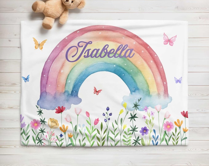 Personalized Wildflower Rainbow Nursery Blanket: Floral Baby Name Blanket