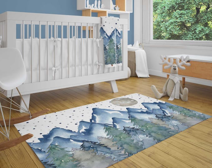 Mountain Nursery Area Rug, Blue Mountain Nursery Decor, Night Sky Nursery Area Rug, Moon and Stars Nursery Decor, Woodland Nursery Decor