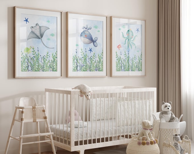 Under the sea Nursery Prints, Sea Life nursery decor, ocean animal nursery, blue and green underwater prints, set of 3 gender neutral prints