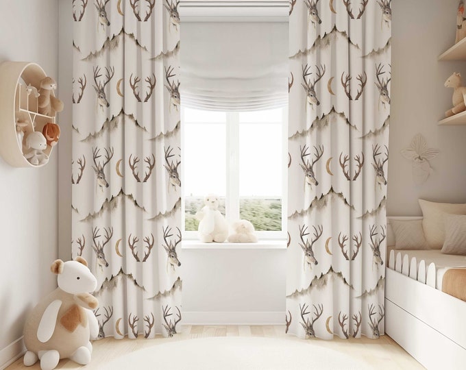 Deer Nursery Curtains, Deer Nursery Decor, Hunting kids room curtain, Wilderness Curtains, Baby Boy Curtains, Baby Shower Gift, Deer Antlers