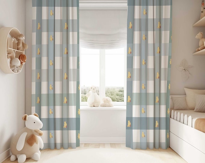 Blue, green, gray Plaid Winnie the Pooh Nursery Curtains - Baby Room Decor, Window Treatments, Kids Bedroom - Winnie the Pooh Nursery Gift