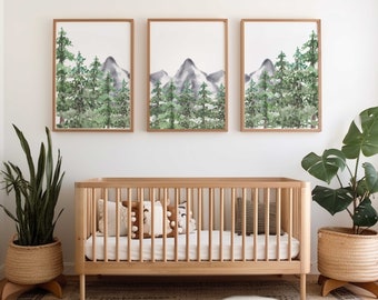 Mountain and Pine Tree Nursery Wall Art Prints - Gray Mountains and Green Trees Decor - Set of 3 prints - Baby Room Decor - Baby Shower Gift