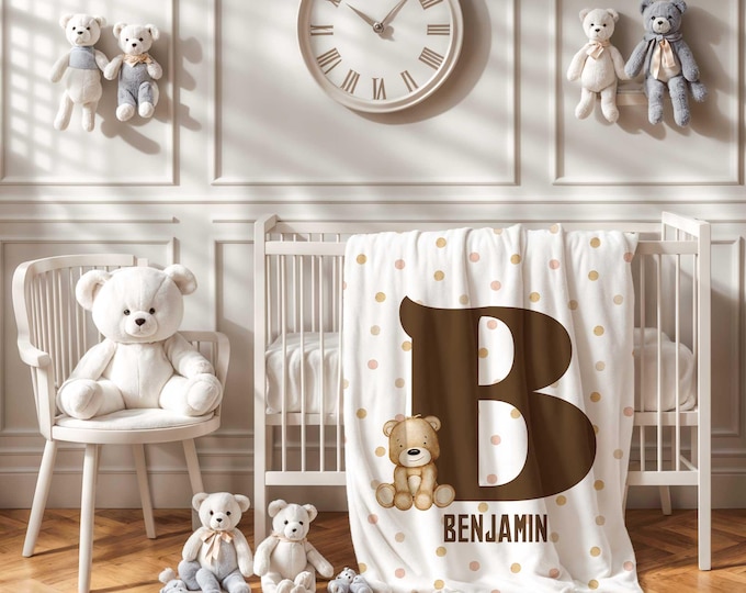 Personalized Teddy Bear Baby Blanket, Teddy Bear Nursery blanket, Baby Boy Blanket, Baby Crib Blanket, Toddler Gift, Brown Bear Baby Blanket