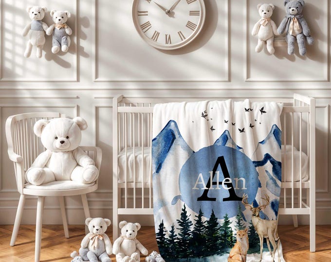 Personalized Blue Mountain Baby Blanket: Woodland Fox and Deer Nursery Decor