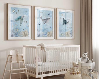 Láminas infantiles de vida marina: ballena, tortuga y raya - Decoración azul océano