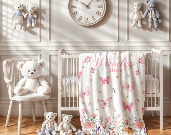 Personalized Butterfly Baby Blanket: Pink Girl Floral Nursery Decor