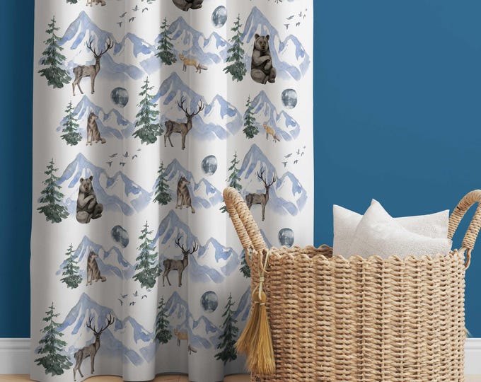 Blue Mountain Nursery Curtains, Blue Mountain and animal Nursery Window Drapes, Kids Bedroom Curtains, Mountain Window Drapes, Blue nursery