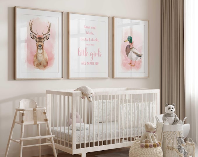 Watercolor Duck & Deer Nursery Prints: Girl Hunting Decor, Set of 3