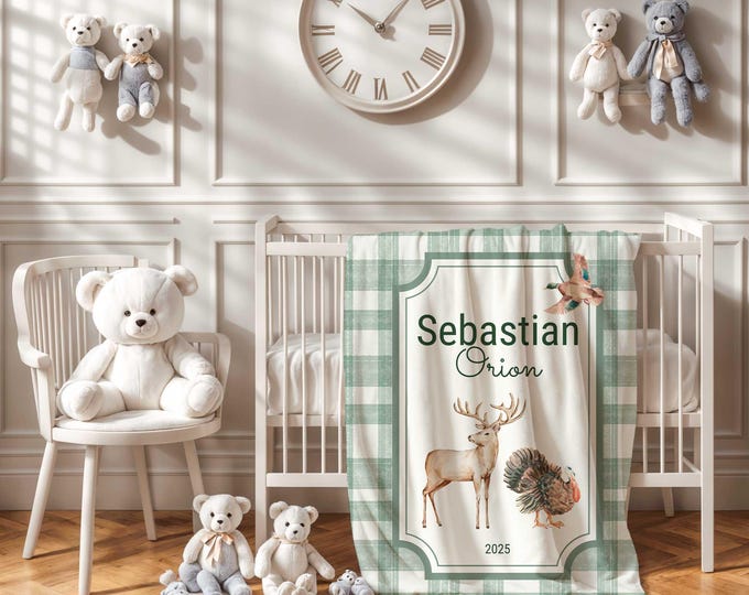 Personalized Green Plaid Hunting Baby Blanket, Deer Turkey Duck Hunting Nursery Decor, Newborn Baby Boy Blanket, Custom Baby Shower gift
