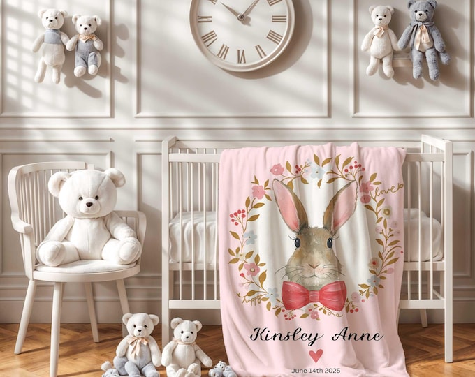 Personalized Bunny Baby Blanket Girl, Pink Baby Blanket with Name, Soft custom baby gift, nursery blanket for girls, Floral wreath name date