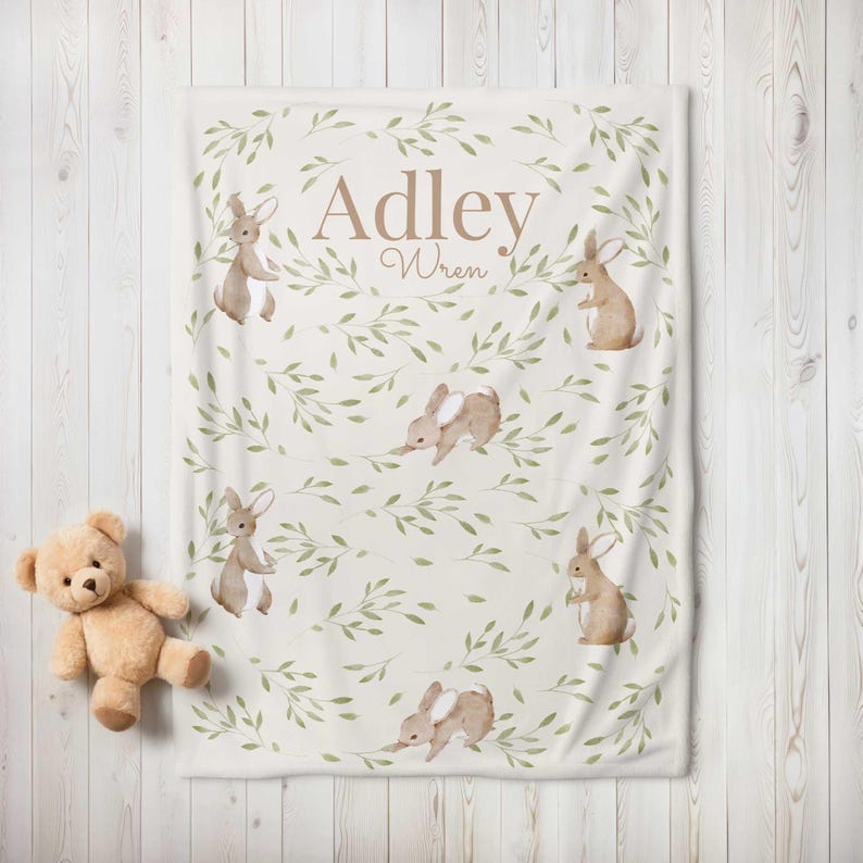 Personalized Bunny Rabbit Baby Blanket, Velveteen Rabbit Nursery Theme, Bunny Baby Blanket, Baby Girl Crib Blanket, Custom Baby Shower Gift