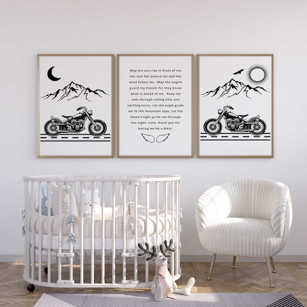 Motorcycle nursery wall art prints | Bikers prayer prints | Motorcycle nursery decor Set of three nursery prints | Boy nursery decor | Gift.