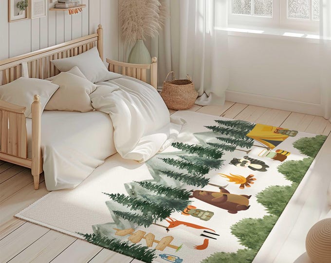 camping nursery decor, camping nursery area rug, mountain nursery decor, mountain nursery rug with animals, nursery play mat Rug for nursery