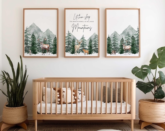 Mountain Nursery Wall Art Prints, Mountain Nursery Decor, Let Him/Her Sleep Mountain Nursery Decor, Woodland Nursery Decor, Set of 3 Prints