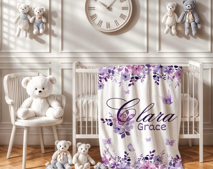 Personalized Purple flower Baby Blanket, Purple Nursery Decor, Baby Girl soft Blanket, Baby Shower gift,  Purple Floral baby blanket
