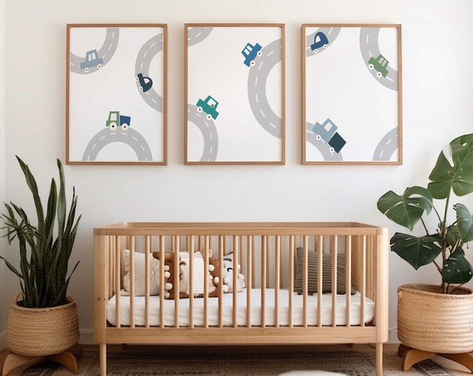 Car Nursery Wall Art Prints, Transportation Nursery Wall Decor, Cars and Roads Nursery canvas Prints, Set of 3 Nursery Prints, Boy Wall Art