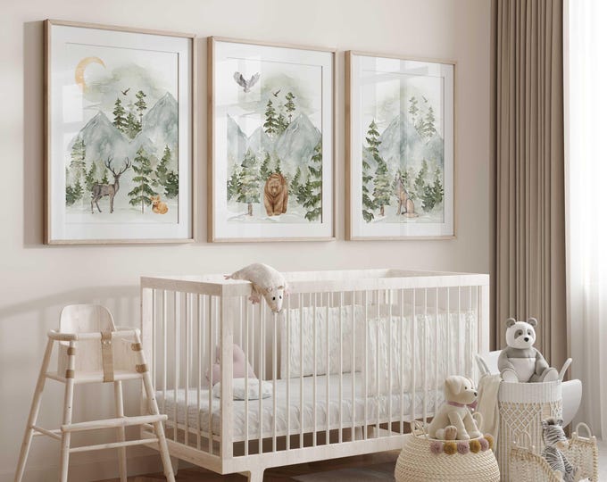 Green Mountain Nursery Wall Art Prints, Woodland Nursery Decor, Woodland Animal nursery prints, Night Sky Wall Art Prints, Set of 3 Prints