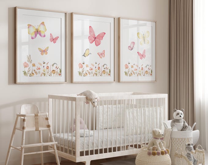 Butterfly Nursery prints, Butterfly nursery wall decor, pink butterfly garden, girl nursery prints, Set of 3 Nursery prints, Girl Nursery