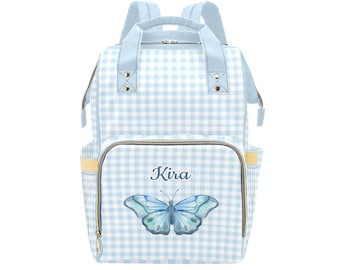 Personalized Blue Plaid Butterfly Diaper Backpack - Baby Shower Gift