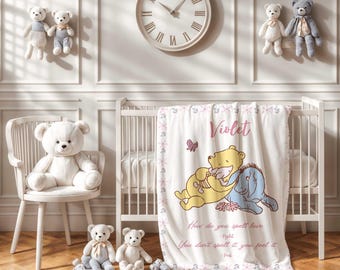 Personalized Winnie the Pooh Baby Blanket, Winnie the Pooh Bear Nursery Theme, Pink Baby Blanket, Baby Girl Pooh Crib Blanket, Pooh Quote