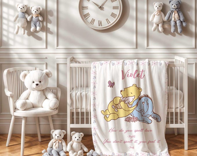 Personalized Winnie the Pooh Baby Blanket, Winnie the Pooh Bear Nursery Theme, Pink Baby Blanket, Baby Girl Pooh Crib Blanket, Pooh Quote