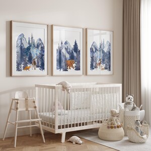 Blue Mountain Animal Nursery Prints: Woodland Decor, Set of 3