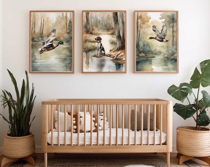 Watercolor Duck & Pointer Dog Nursery Prints: Hunting Theme, Set of 3