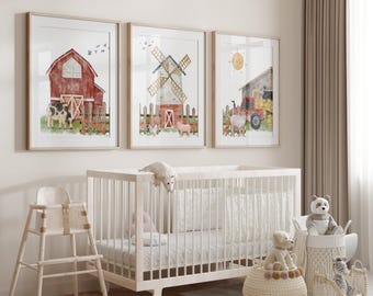 Farm nursery wall decor, Farm animal nursery prints, unframed set of three nursery prints, Barn nursery wall art, Gender Neutral Nursery
