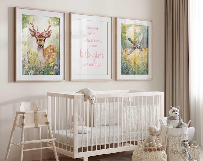 Pink Watercolor Duck & Deer Nursery Prints: Girl Hunting Decor, Set of 3