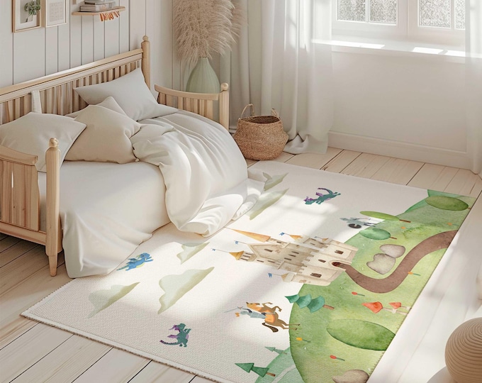 Dragons and castle kids play rug | Medieval Nursery Area Rug | Carpet for Kids' Bedroom | Fairytale Rug for kids | Boy Play Rug | Kids Rug